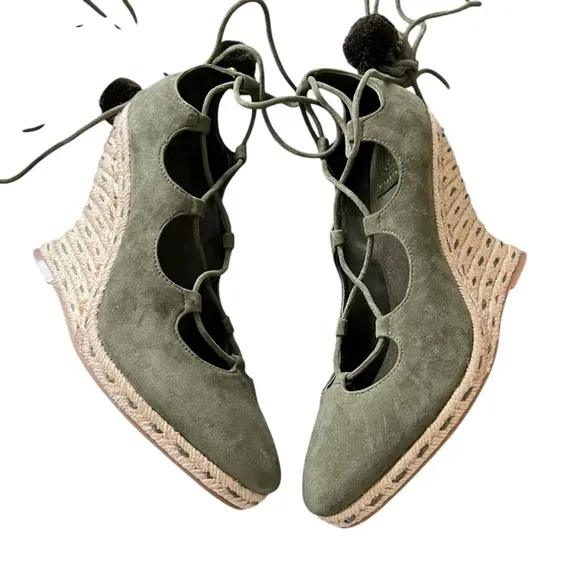 Tory Burch Sandals Heather Wedge Gladiator Lace Up Espadrille Olive Green SZ 10