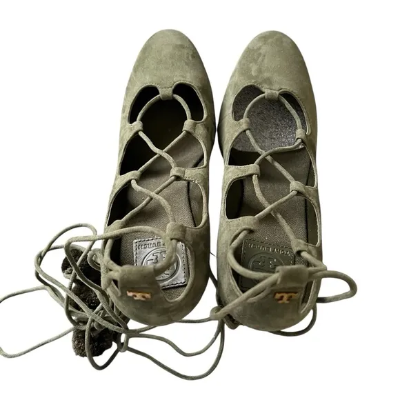 Tory Burch Sandals Heather Wedge Gladiator Lace Up Espadrille Olive Green SZ 10