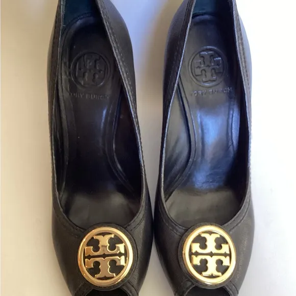 Tory Burch Sophie Black Gold Logo Wedge Shoes