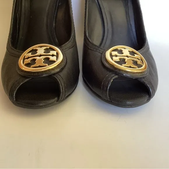 Tory Burch Sophie Black Gold Logo Wedge Shoes