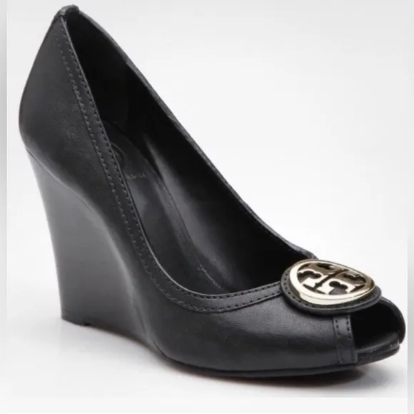 Tory Burch Sophie Black Gold Logo Wedge Shoes