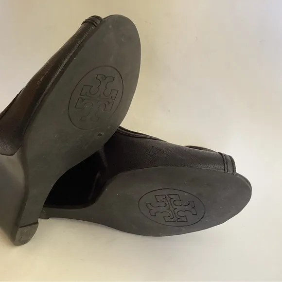 Tory Burch Sophie Black Gold Logo Wedge Shoes