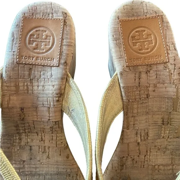 Tory Burch Suzy GoldLeather Logo CorkWedge Sandal womens size 7 1/2