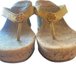 Tory Burch Suzy GoldLeather Logo CorkWedge Sandal womens size 7 1/2