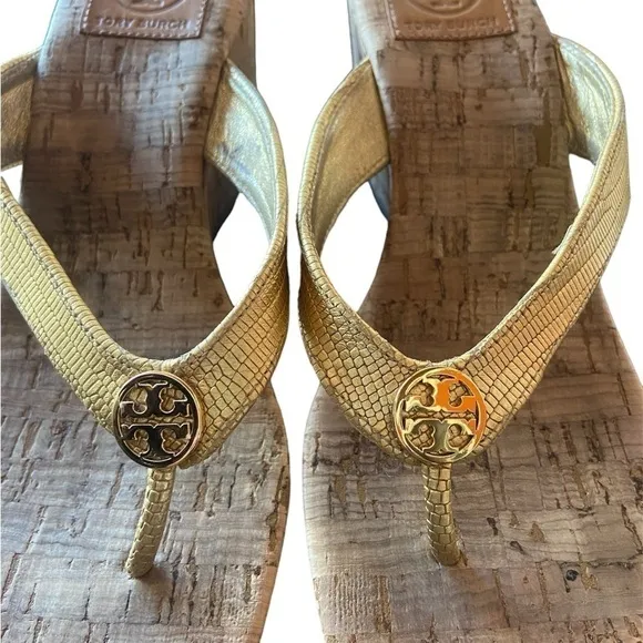 Tory Burch Suzy GoldLeather Logo CorkWedge Sandal womens size 7 1/2