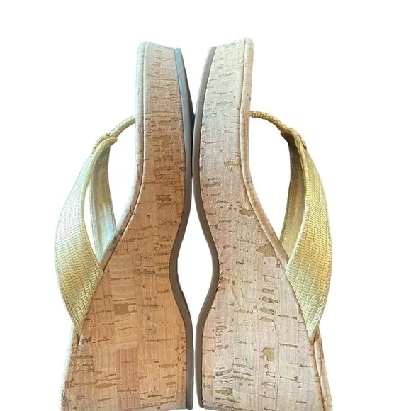 Tory Burch Suzy GoldLeather Logo CorkWedge Sandal womens size 7 1/2