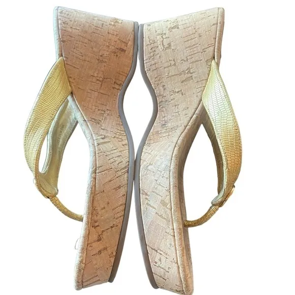 Tory Burch Suzy GoldLeather Logo CorkWedge Sandal womens size 7 1/2