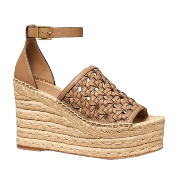 Tory Burch Tan Basket-Weave Leather Espadrille Wedge Sandals