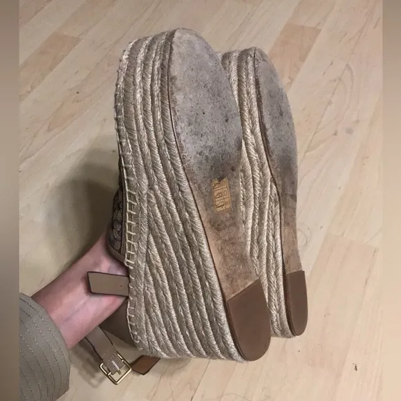 Tory Burch Tan Basket-Weave Leather Espadrille Wedge Sandals