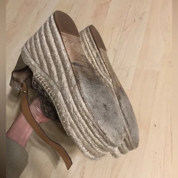 Tory Burch Tan Basket-Weave Leather Espadrille Wedge Sandals