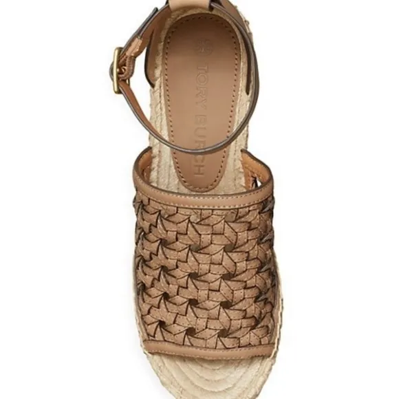 Tory Burch Tan Basket-Weave Leather Espadrille Wedge Sandals