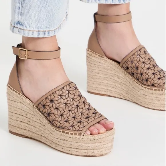Tory Burch Tan Basket-Weave Leather Espadrille Wedge Sandals
