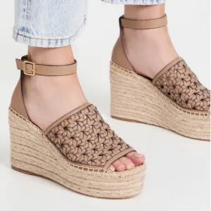 Tory Burch Tan Basket-Weave Leather Espadrille Wedge Sandals
