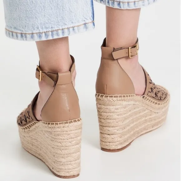 Tory Burch Tan Basket-Weave Leather Espadrille Wedge Sandals