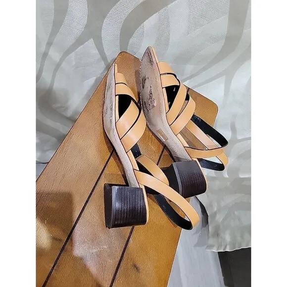 Tory Burch Tan Brown City Heel Strappy Criss Cross Leather Block Heel Sandal