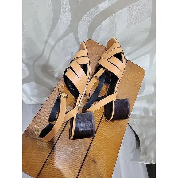 Tory Burch Tan Brown City Heel Strappy Criss Cross Leather Block Heel Sandal
