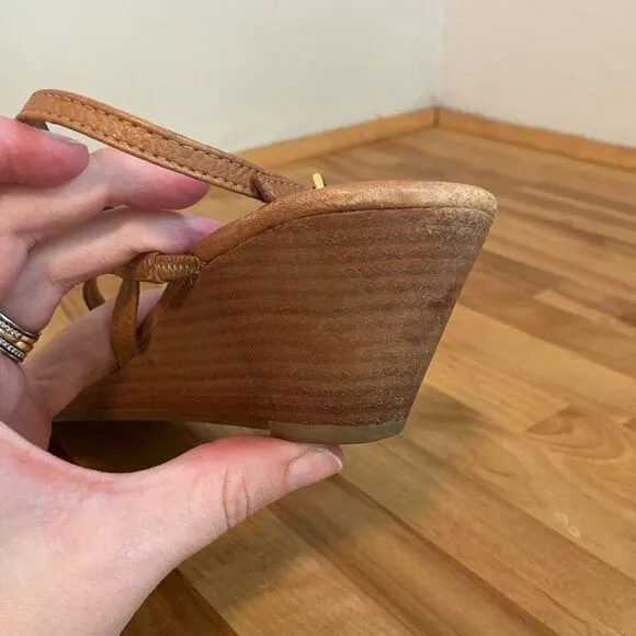 Tory Burch Tan Leather Emmy Demi Thong Wedge Sandals Size 9