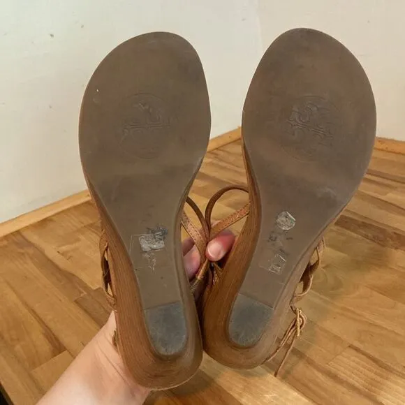 Tory Burch Tan Leather Emmy Demi Thong Wedge Sandals Size 9