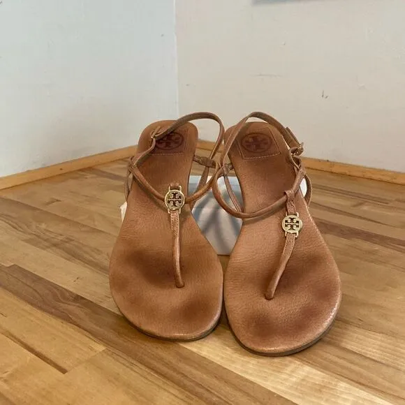 Tory Burch Tan Leather Emmy Demi Thong Wedge Sandals Size 9