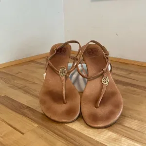 Tory Burch Tan Leather Emmy Demi Thong Wedge Sandals Size 9
