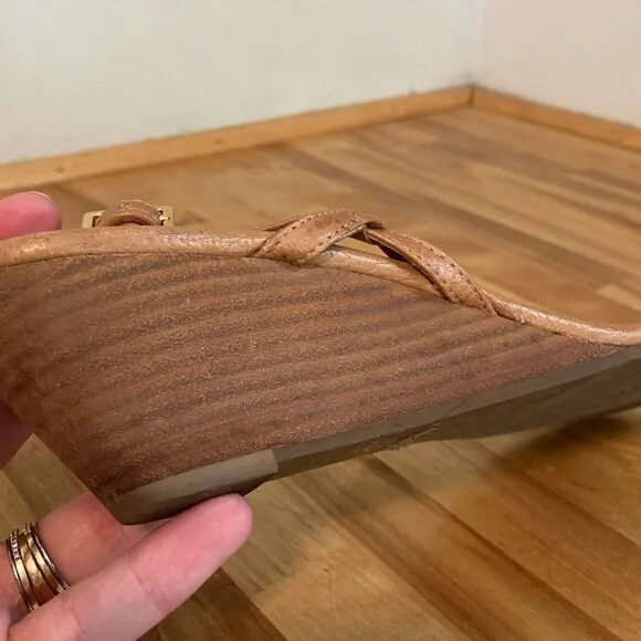Tory Burch Tan Leather Emmy Demi Thong Wedge Sandals Size 9