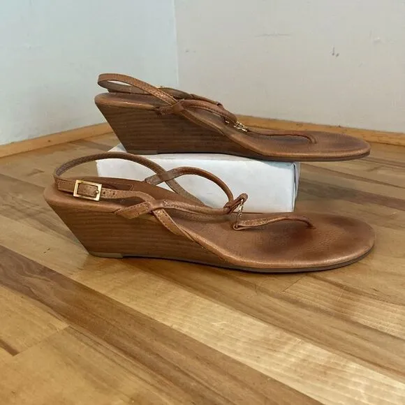 Tory Burch Tan Leather Emmy Demi Thong Wedge Sandals Size 9