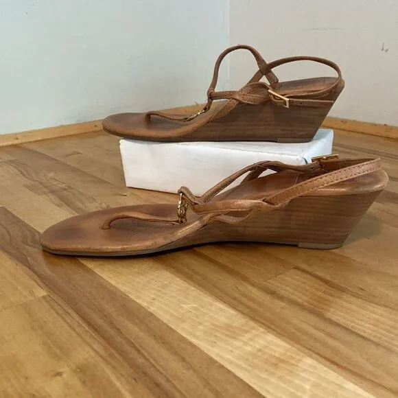 Tory Burch Tan Leather Emmy Demi Thong Wedge Sandals Size 9