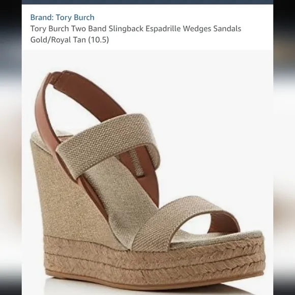 Tory Burch Two Band Sling Back Espadrille Gold/Royal Tan Wedge Sandals