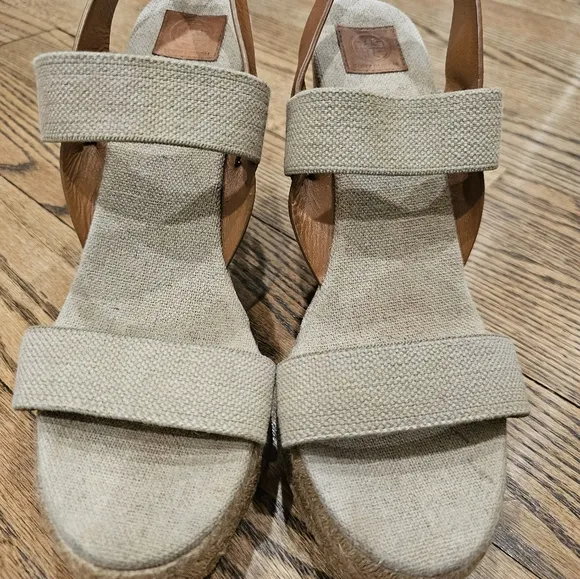 Tory Burch Two Band Sling Back Espadrille Gold/Royal Tan Wedge Sandals