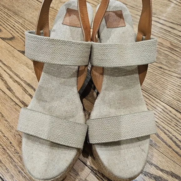 Tory Burch Two Band Sling Back Espadrille Gold/Royal Tan Wedge Sandals
