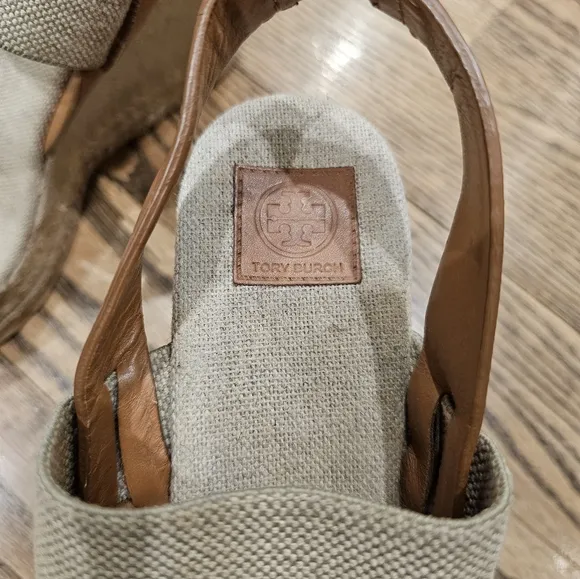 Tory Burch Two Band Sling Back Espadrille Gold/Royal Tan Wedge Sandals