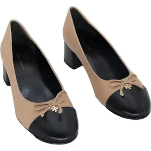 Tory Burch Womens Cap-Toe Leather Pumps in Black &amp; Beige - Size 6