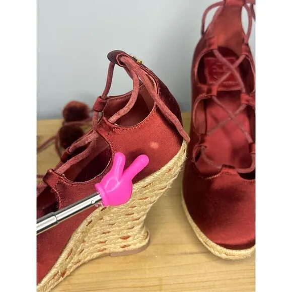 Tory Burch Women's High Heels Wedge Espadrilles Pompoms Satin Merlot Shoes 5.5