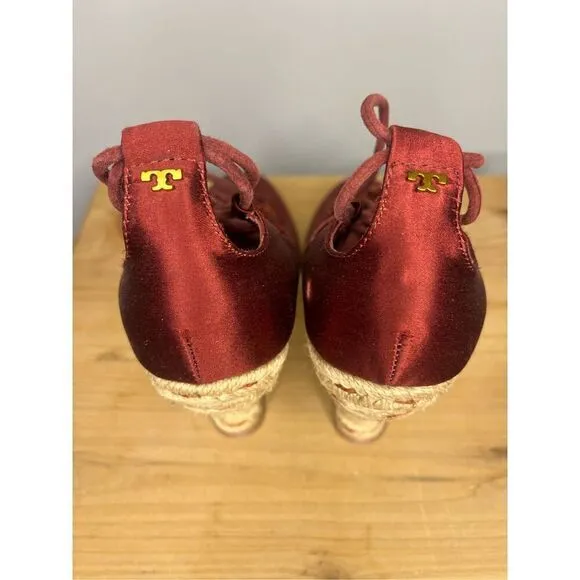 Tory Burch Women's High Heels Wedge Espadrilles Pompoms Satin Merlot Shoes 5.5