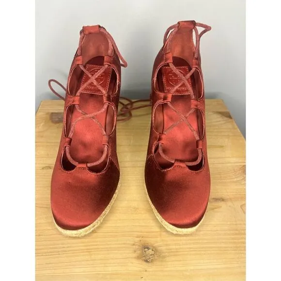 Tory Burch Women's High Heels Wedge Espadrilles Pompoms Satin Merlot Shoes 5.5