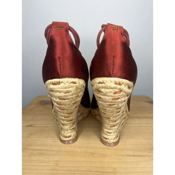 Tory Burch Women's High Heels Wedge Espadrilles Pompoms Satin Merlot Shoes 5.5