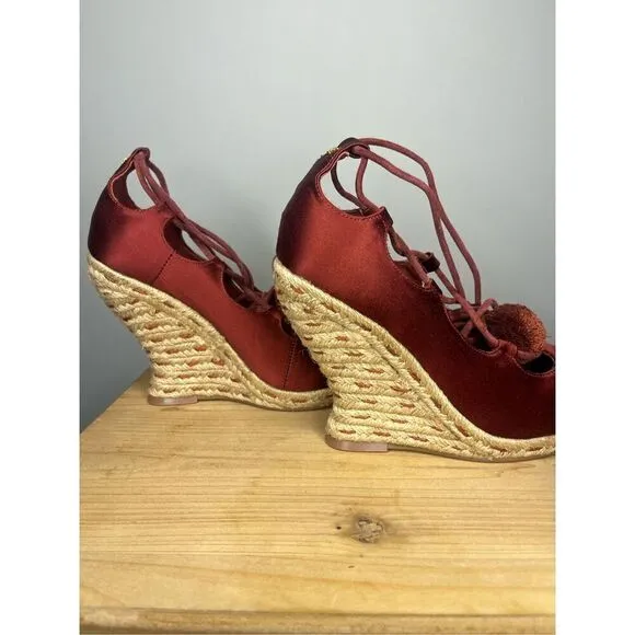 Tory Burch Women's High Heels Wedge Espadrilles Pompoms Satin Merlot Shoes 5.5