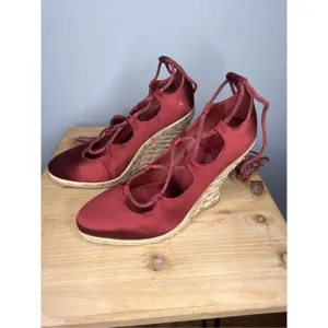 Tory Burch Women's High Heels Wedge Espadrilles Pompoms Satin Merlot Shoes 5.5