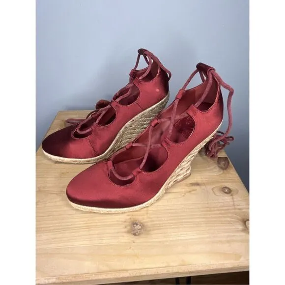 Tory Burch Women's High Heels Wedge Espadrilles Pompoms Satin Merlot Shoes 5.5