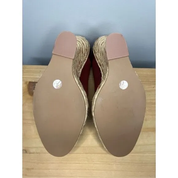 Tory Burch Women's High Heels Wedge Espadrilles Pompoms Satin Merlot Shoes 5.5