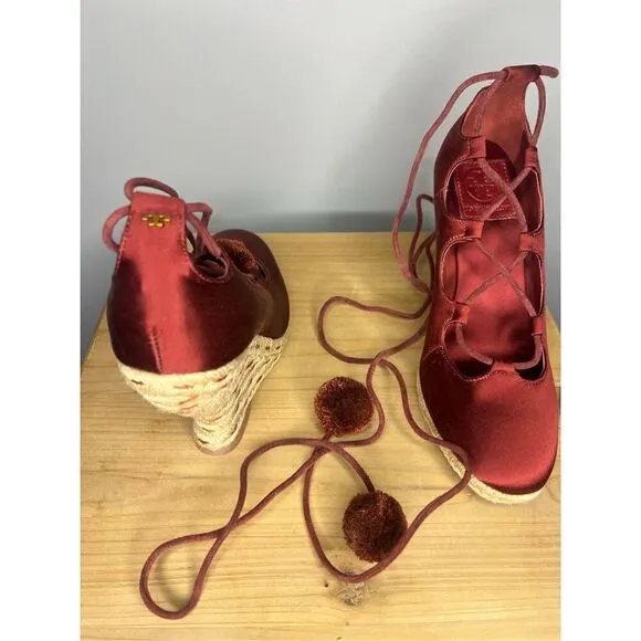 Tory Burch Women's High Heels Wedge Espadrilles Pompoms Satin Merlot Shoes 5.5