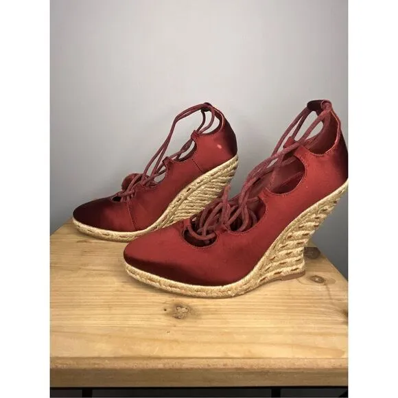 Tory Burch Women's High Heels Wedge Espadrilles Pompoms Satin Merlot Shoes 5.5