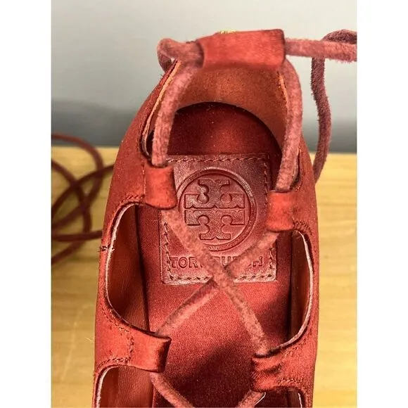 Tory Burch Women's High Heels Wedge Espadrilles Pompoms Satin Merlot Shoes 5.5