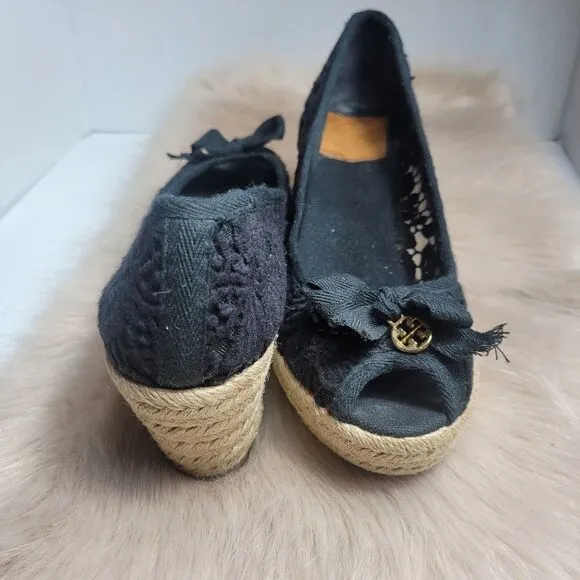 Tory Burch Jackie Wedge Womens Black Lace Espadrille Shoes