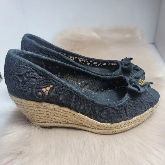 Tory Burch Jackie Wedge Womens Black Lace Espadrille Shoes
