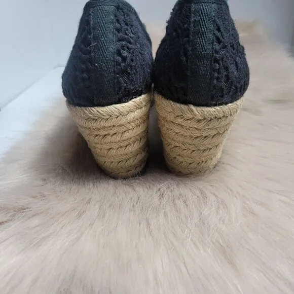 Tory Burch Jackie Wedge Womens Black Lace Espadrille Shoes