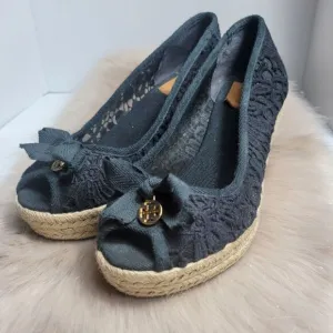 Tory Burch Jackie Wedge Womens Black Lace Espadrille Shoes