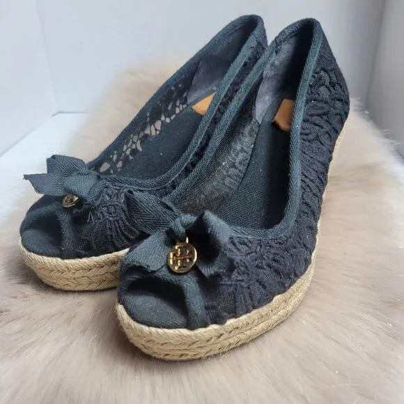 Tory Burch Jackie Wedge Womens Black Lace Espadrille Shoes