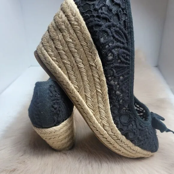 Tory Burch Jackie Wedge Womens Black Lace Espadrille Shoes