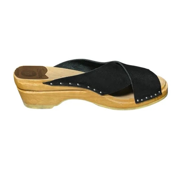 Troentorp Clogs Criss Cross Sandals Women Size 39 US 9 Black Leather Wood Sweden